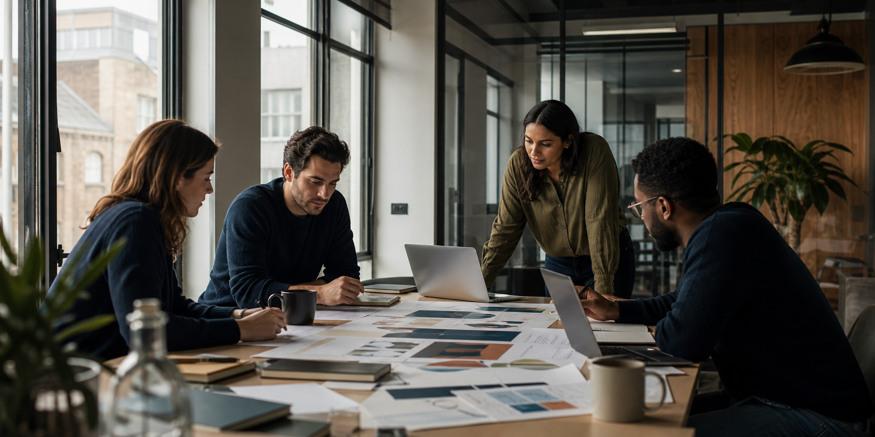 Creative strategists planning a performance marketing campaign in a modern UK studio